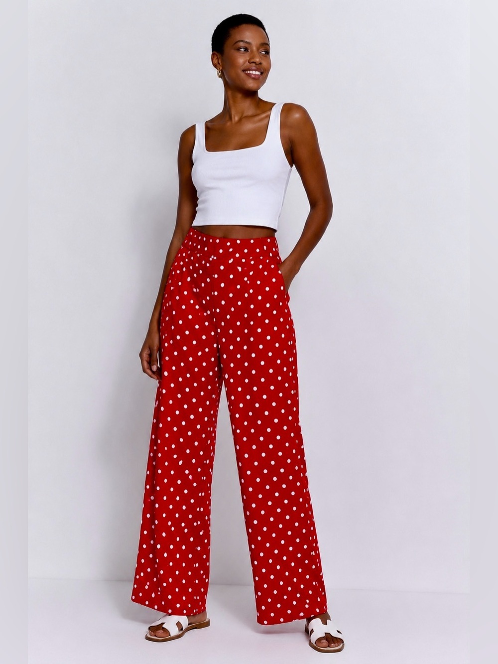 SHEIN Red White Polka Dot Wide Leg Palazzo Pants | Smocked Waist | Size M